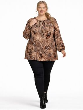 Maggie Barnes 3X Brown Mixed Print Tunic Blouse Tie Neck Boho Flowy